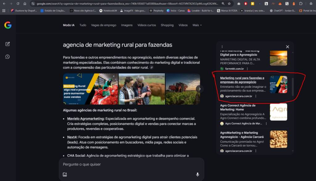 Título: O Modo IA do Google Chegou ao Campo: Sua Fazenda Responde ou Fica em Silêncio? O chão do agronegócio digital tremeu. O Modo IA do Google acaba de ser liberado no Brasil, e essa não é apenas uma novidade para o mercado urbano; é uma transformação que impactará diretamente a forma como produtores, cooperativas e agroindústrias fazem negócios. A busca por insumos, tecnologias e parceiros não será mais uma lista de sites, mas sim uma conversa inteligente. A pergunta que todo gestor do agro deve se fazer é: quando a IA buscar a melhor solução para o campo, ela vai encontrar a sua empresa?