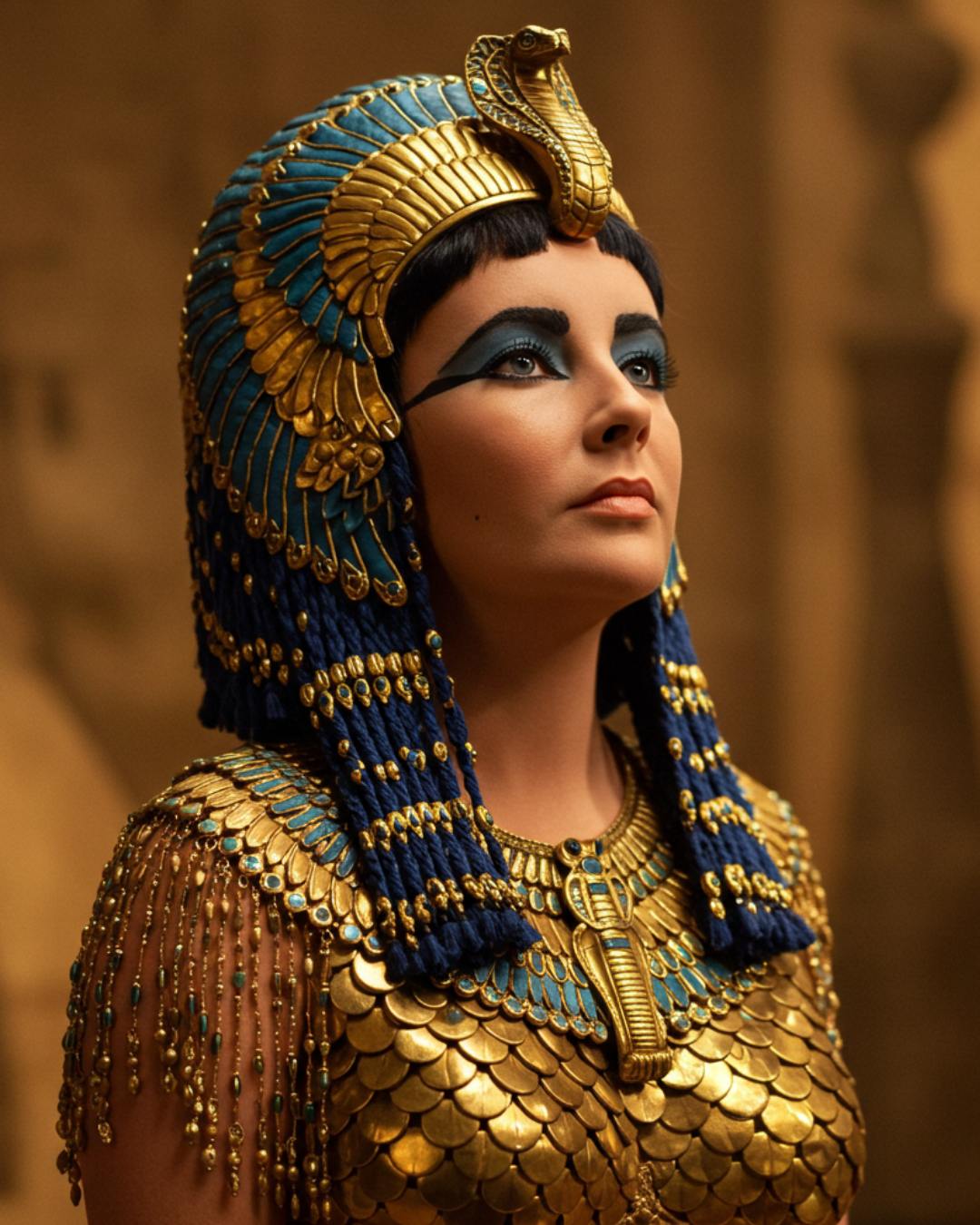 Como provar essa habilidade? Fomos buscar um ícone: Elizabeth Taylor como Cleópatra. Uma figura cuja imagem é sinônimo de opulência, detalhe e uma presença visual inconfundível, eternizada por uma produção cinematográfica de tirar o fôlego. Recriar essa imagem com precisão usando IA é um teste rigoroso de Engenharia de Prompt. Olhe para as imagens originais. Veja a riqueza dos detalhes: a feição única de Liz Taylor, a maquiagem egípcia icônica e complexa, a textura do delineador, o brilho da sombra azul, a perfeição das sobrancelhas, a forma dos lábios. Observe as roupas e adornos: a complexidade do headdress dourado com suas serpentes, miçangas e pedrarias coloridas, a textura das "escamas" douradas do manto, o caimento elegante do vestido plissado, o brilho das múltiplas joias nos braços e pescoço. Atente para o ambiente e a ambientação: a grandiosidade da arquitetura egípcia, a textura da pedra, as escadarias monumentais, o trono imponente. Perceba os elementos visuais como perspectiva, o enquadramento que realça a figura. E, crucialmente, a iluminação especial: aquela luz dramática e cinematográfica que não existia no Egito antigo, mas foi criada por Hollywood para dar magia e profundidade à cena.