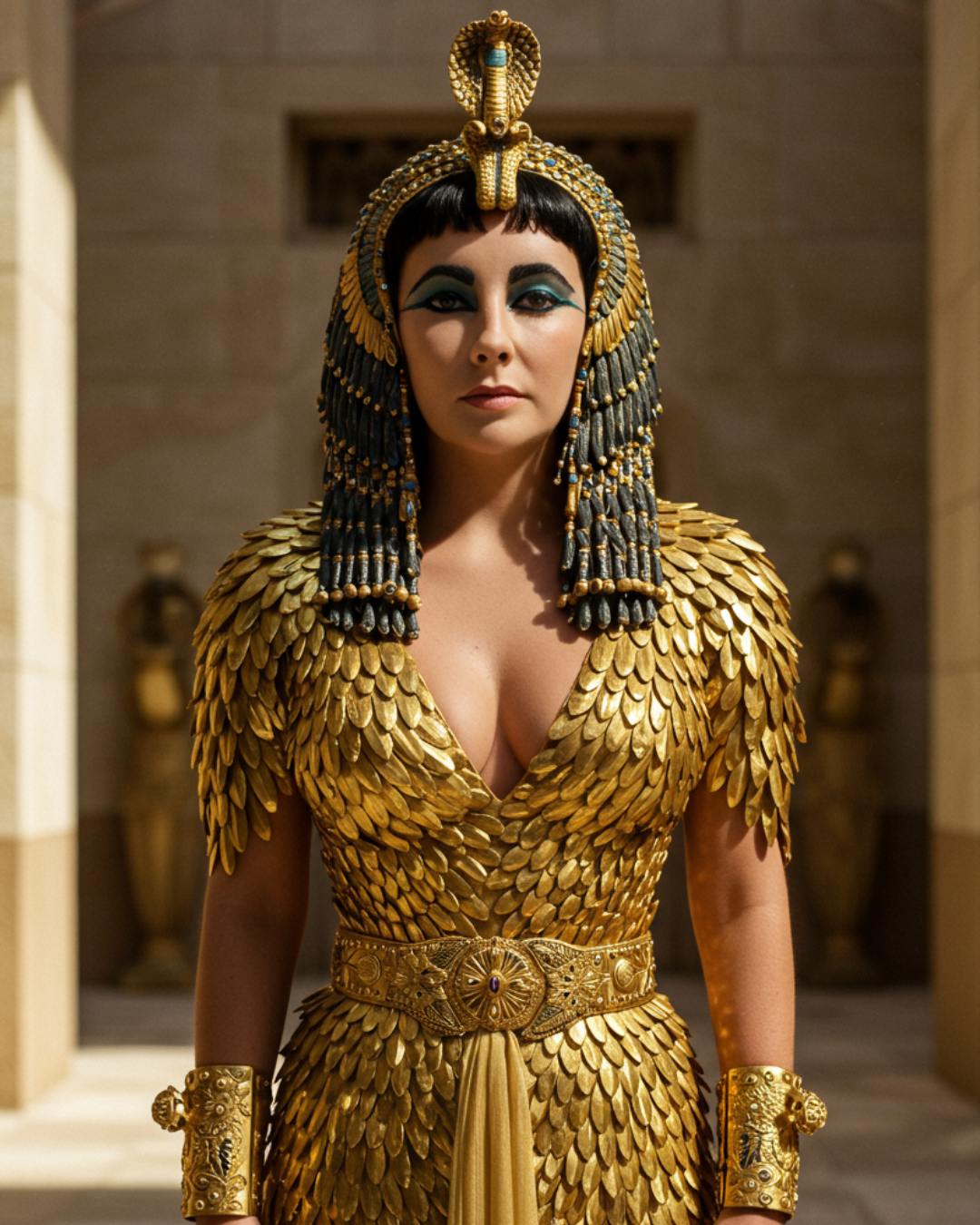 Como provar essa habilidade? Fomos buscar um ícone: Elizabeth Taylor como Cleópatra. Uma figura cuja imagem é sinônimo de opulência, detalhe e uma presença visual inconfundível, eternizada por uma produção cinematográfica de tirar o fôlego. Recriar essa imagem com precisão usando IA é um teste rigoroso de Engenharia de Prompt. Olhe para as imagens originais. Veja a riqueza dos detalhes: a feição única de Liz Taylor, a maquiagem egípcia icônica e complexa, a textura do delineador, o brilho da sombra azul, a perfeição das sobrancelhas, a forma dos lábios. Observe as roupas e adornos: a complexidade do headdress dourado com suas serpentes, miçangas e pedrarias coloridas, a textura das "escamas" douradas do manto, o caimento elegante do vestido plissado, o brilho das múltiplas joias nos braços e pescoço. Atente para o ambiente e a ambientação: a grandiosidade da arquitetura egípcia, a textura da pedra, as escadarias monumentais, o trono imponente. Perceba os elementos visuais como perspectiva, o enquadramento que realça a figura. E, crucialmente, a iluminação especial: aquela luz dramática e cinematográfica que não existia no Egito antigo, mas foi criada por Hollywood para dar magia e profundidade à cena.