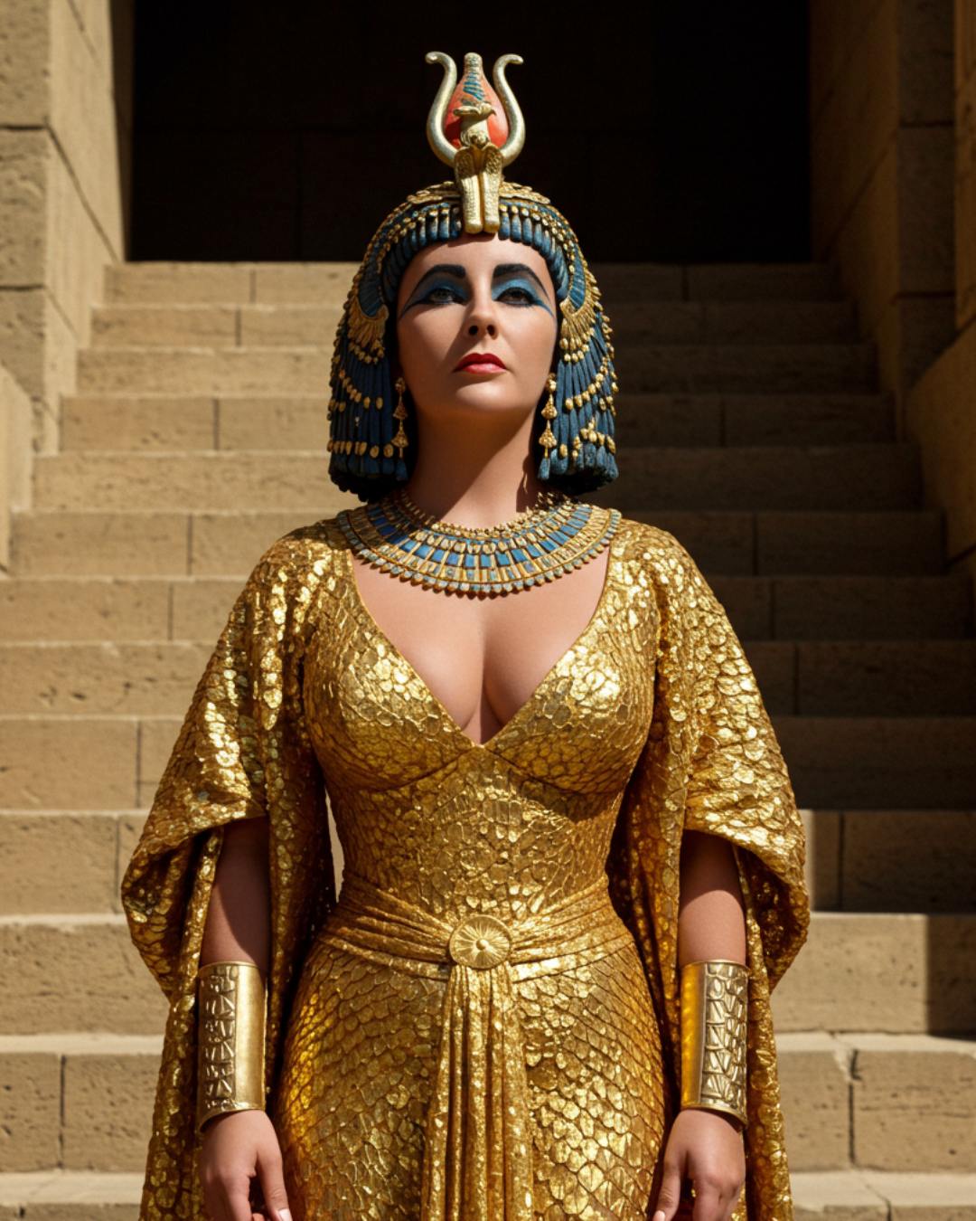 Como provar essa habilidade? Fomos buscar um ícone: Elizabeth Taylor como Cleópatra. Uma figura cuja imagem é sinônimo de opulência, detalhe e uma presença visual inconfundível, eternizada por uma produção cinematográfica de tirar o fôlego. Recriar essa imagem com precisão usando IA é um teste rigoroso de Engenharia de Prompt. Olhe para as imagens originais. Veja a riqueza dos detalhes: a feição única de Liz Taylor, a maquiagem egípcia icônica e complexa, a textura do delineador, o brilho da sombra azul, a perfeição das sobrancelhas, a forma dos lábios. Observe as roupas e adornos: a complexidade do headdress dourado com suas serpentes, miçangas e pedrarias coloridas, a textura das "escamas" douradas do manto, o caimento elegante do vestido plissado, o brilho das múltiplas joias nos braços e pescoço. Atente para o ambiente e a ambientação: a grandiosidade da arquitetura egípcia, a textura da pedra, as escadarias monumentais, o trono imponente. Perceba os elementos visuais como perspectiva, o enquadramento que realça a figura. E, crucialmente, a iluminação especial: aquela luz dramática e cinematográfica que não existia no Egito antigo, mas foi criada por Hollywood para dar magia e profundidade à cena.