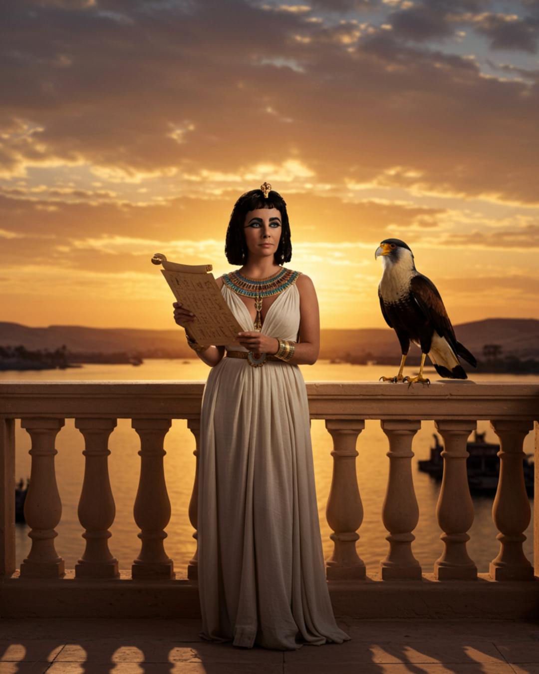 Como provar essa habilidade? Fomos buscar um ícone: Elizabeth Taylor como Cleópatra. Uma figura cuja imagem é sinônimo de opulência, detalhe e uma presença visual inconfundível, eternizada por uma produção cinematográfica de tirar o fôlego. Recriar essa imagem com precisão usando IA é um teste rigoroso de Engenharia de Prompt. Olhe para as imagens originais. Veja a riqueza dos detalhes: a feição única de Liz Taylor, a maquiagem egípcia icônica e complexa, a textura do delineador, o brilho da sombra azul, a perfeição das sobrancelhas, a forma dos lábios. Observe as roupas e adornos: a complexidade do headdress dourado com suas serpentes, miçangas e pedrarias coloridas, a textura das "escamas" douradas do manto, o caimento elegante do vestido plissado, o brilho das múltiplas joias nos braços e pescoço. Atente para o ambiente e a ambientação: a grandiosidade da arquitetura egípcia, a textura da pedra, as escadarias monumentais, o trono imponente. Perceba os elementos visuais como perspectiva, o enquadramento que realça a figura. E, crucialmente, a iluminação especial: aquela luz dramática e cinematográfica que não existia no Egito antigo, mas foi criada por Hollywood para dar magia e profundidade à cena.
