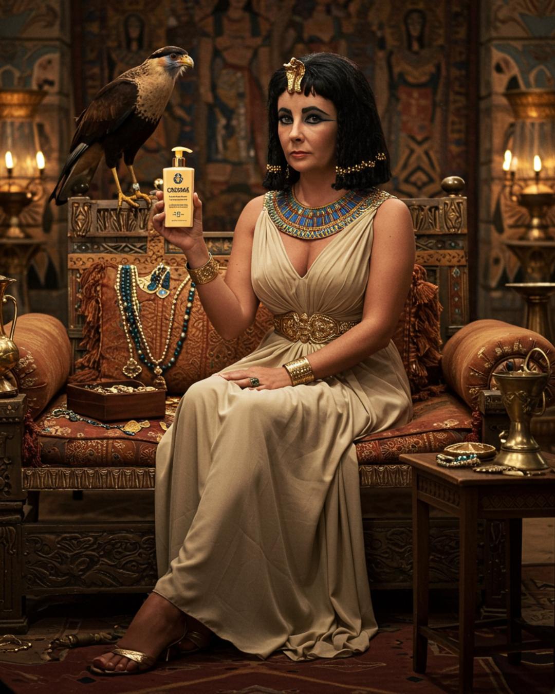 Como provar essa habilidade? Fomos buscar um ícone: Elizabeth Taylor como Cleópatra. Uma figura cuja imagem é sinônimo de opulência, detalhe e uma presença visual inconfundível, eternizada por uma produção cinematográfica de tirar o fôlego. Recriar essa imagem com precisão usando IA é um teste rigoroso de Engenharia de Prompt. Olhe para as imagens originais. Veja a riqueza dos detalhes: a feição única de Liz Taylor, a maquiagem egípcia icônica e complexa, a textura do delineador, o brilho da sombra azul, a perfeição das sobrancelhas, a forma dos lábios. Observe as roupas e adornos: a complexidade do headdress dourado com suas serpentes, miçangas e pedrarias coloridas, a textura das "escamas" douradas do manto, o caimento elegante do vestido plissado, o brilho das múltiplas joias nos braços e pescoço. Atente para o ambiente e a ambientação: a grandiosidade da arquitetura egípcia, a textura da pedra, as escadarias monumentais, o trono imponente. Perceba os elementos visuais como perspectiva, o enquadramento que realça a figura. E, crucialmente, a iluminação especial: aquela luz dramática e cinematográfica que não existia no Egito antigo, mas foi criada por Hollywood para dar magia e profundidade à cena.