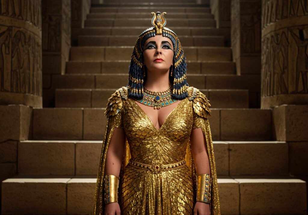 Como provar essa habilidade? Fomos buscar um ícone: Elizabeth Taylor como Cleópatra. Uma figura cuja imagem é sinônimo de opulência, detalhe e uma presença visual inconfundível, eternizada por uma produção cinematográfica de tirar o fôlego. Recriar essa imagem com precisão usando IA é um teste rigoroso de Engenharia de Prompt. Olhe para as imagens originais. Veja a riqueza dos detalhes: a feição única de Liz Taylor, a maquiagem egípcia icônica e complexa, a textura do delineador, o brilho da sombra azul, a perfeição das sobrancelhas, a forma dos lábios. Observe as roupas e adornos: a complexidade do headdress dourado com suas serpentes, miçangas e pedrarias coloridas, a textura das "escamas" douradas do manto, o caimento elegante do vestido plissado, o brilho das múltiplas joias nos braços e pescoço. Atente para o ambiente e a ambientação: a grandiosidade da arquitetura egípcia, a textura da pedra, as escadarias monumentais, o trono imponente. Perceba os elementos visuais como perspectiva, o enquadramento que realça a figura. E, crucialmente, a iluminação especial: aquela luz dramática e cinematográfica que não existia no Egito antigo, mas foi criada por Hollywood para dar magia e profundidade à cena.