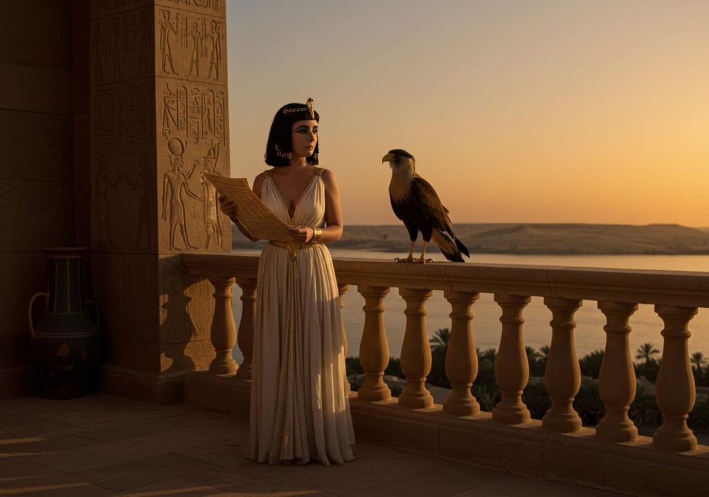 Como provar essa habilidade? Fomos buscar um ícone: Elizabeth Taylor como Cleópatra. Uma figura cuja imagem é sinônimo de opulência, detalhe e uma presença visual inconfundível, eternizada por uma produção cinematográfica de tirar o fôlego. Recriar essa imagem com precisão usando IA é um teste rigoroso de Engenharia de Prompt. Olhe para as imagens originais. Veja a riqueza dos detalhes: a feição única de Liz Taylor, a maquiagem egípcia icônica e complexa, a textura do delineador, o brilho da sombra azul, a perfeição das sobrancelhas, a forma dos lábios. Observe as roupas e adornos: a complexidade do headdress dourado com suas serpentes, miçangas e pedrarias coloridas, a textura das "escamas" douradas do manto, o caimento elegante do vestido plissado, o brilho das múltiplas joias nos braços e pescoço. Atente para o ambiente e a ambientação: a grandiosidade da arquitetura egípcia, a textura da pedra, as escadarias monumentais, o trono imponente. Perceba os elementos visuais como perspectiva, o enquadramento que realça a figura. E, crucialmente, a iluminação especial: aquela luz dramática e cinematográfica que não existia no Egito antigo, mas foi criada por Hollywood para dar magia e profundidade à cena.
