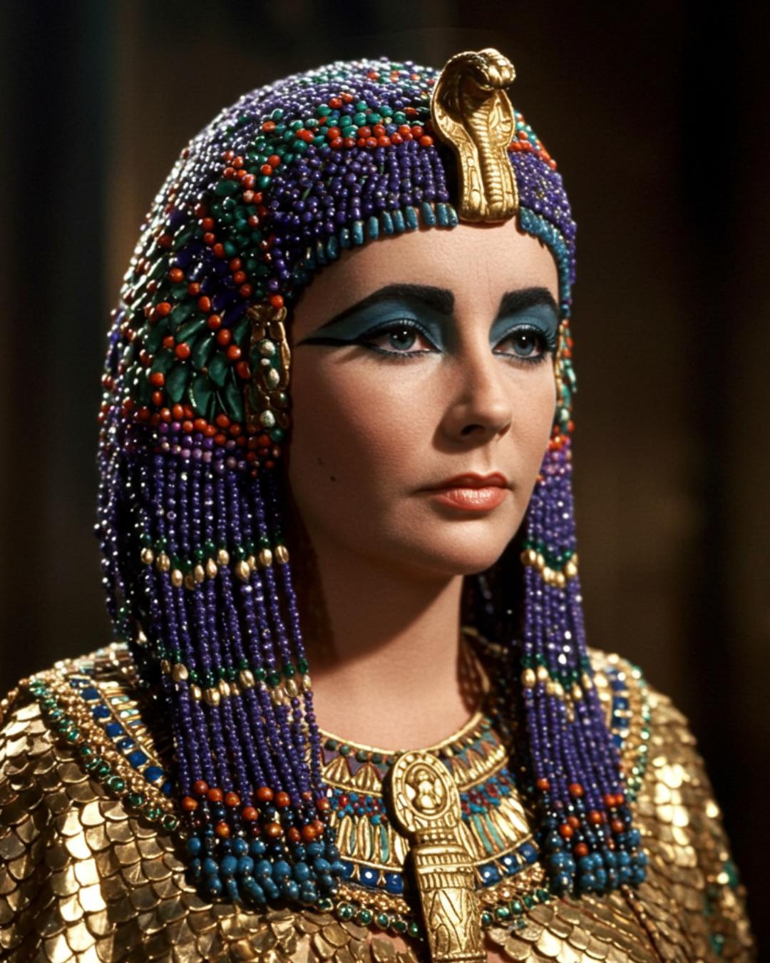 Como provar essa habilidade? Fomos buscar um ícone: Elizabeth Taylor como Cleópatra. Uma figura cuja imagem é sinônimo de opulência, detalhe e uma presença visual inconfundível, eternizada por uma produção cinematográfica de tirar o fôlego. Recriar essa imagem com precisão usando IA é um teste rigoroso de Engenharia de Prompt. Olhe para as imagens originais. Veja a riqueza dos detalhes: a feição única de Liz Taylor, a maquiagem egípcia icônica e complexa, a textura do delineador, o brilho da sombra azul, a perfeição das sobrancelhas, a forma dos lábios. Observe as roupas e adornos: a complexidade do headdress dourado com suas serpentes, miçangas e pedrarias coloridas, a textura das "escamas" douradas do manto, o caimento elegante do vestido plissado, o brilho das múltiplas joias nos braços e pescoço. Atente para o ambiente e a ambientação: a grandiosidade da arquitetura egípcia, a textura da pedra, as escadarias monumentais, o trono imponente. Perceba os elementos visuais como perspectiva, o enquadramento que realça a figura. E, crucialmente, a iluminação especial: aquela luz dramática e cinematográfica que não existia no Egito antigo, mas foi criada por Hollywood para dar magia e profundidade à cena.