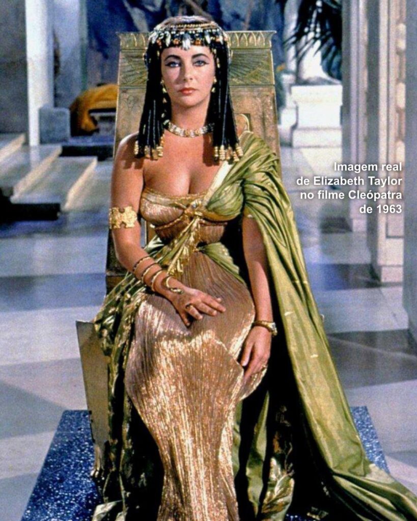 Como provar essa habilidade? Fomos buscar um ícone: Elizabeth Taylor como Cleópatra. Uma figura cuja imagem é sinônimo de opulência, detalhe e uma presença visual inconfundível, eternizada por uma produção cinematográfica de tirar o fôlego. Recriar essa imagem com precisão usando IA é um teste rigoroso de Engenharia de Prompt. Olhe para as imagens originais. Veja a riqueza dos detalhes: a feição única de Liz Taylor, a maquiagem egípcia icônica e complexa, a textura do delineador, o brilho da sombra azul, a perfeição das sobrancelhas, a forma dos lábios. Observe as roupas e adornos: a complexidade do headdress dourado com suas serpentes, miçangas e pedrarias coloridas, a textura das "escamas" douradas do manto, o caimento elegante do vestido plissado, o brilho das múltiplas joias nos braços e pescoço. Atente para o ambiente e a ambientação: a grandiosidade da arquitetura egípcia, a textura da pedra, as escadarias monumentais, o trono imponente. Perceba os elementos visuais como perspectiva, o enquadramento que realça a figura. E, crucialmente, a iluminação especial: aquela luz dramática e cinematográfica que não existia no Egito antigo, mas foi criada por Hollywood para dar magia e profundidade à cena.