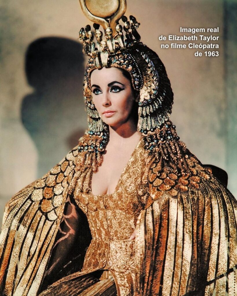 Como provar essa habilidade? Fomos buscar um ícone: Elizabeth Taylor como Cleópatra. Uma figura cuja imagem é sinônimo de opulência, detalhe e uma presença visual inconfundível, eternizada por uma produção cinematográfica de tirar o fôlego. Recriar essa imagem com precisão usando IA é um teste rigoroso de Engenharia de Prompt. Olhe para as imagens originais. Veja a riqueza dos detalhes: a feição única de Liz Taylor, a maquiagem egípcia icônica e complexa, a textura do delineador, o brilho da sombra azul, a perfeição das sobrancelhas, a forma dos lábios. Observe as roupas e adornos: a complexidade do headdress dourado com suas serpentes, miçangas e pedrarias coloridas, a textura das "escamas" douradas do manto, o caimento elegante do vestido plissado, o brilho das múltiplas joias nos braços e pescoço. Atente para o ambiente e a ambientação: a grandiosidade da arquitetura egípcia, a textura da pedra, as escadarias monumentais, o trono imponente. Perceba os elementos visuais como perspectiva, o enquadramento que realça a figura. E, crucialmente, a iluminação especial: aquela luz dramática e cinematográfica que não existia no Egito antigo, mas foi criada por Hollywood para dar magia e profundidade à cena.