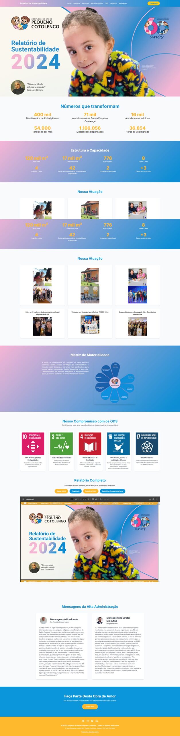 Em um mundo onde a transparência e a responsabilidade social se tornaram pilares fundamentais para instituições e empresas, o Relatório de Sustentabilidade deixou de ser apenas um documento obrigatório. Ele se transformou em uma poderosa ferramenta de comunicação, capaz de transmitir valores, conquistas e impacto social. A Agência Carcará teve a honra de conduzir a diagramação e produção visual do Relatório de Sustentabilidade do Pequeno Cotolengo, uma das mais respeitadas instituições de assistência social do Brasil. O desafio? Transformar um documento cru em uma publicação envolvente, clara e inspiradora — pronta para informar e emocionar.