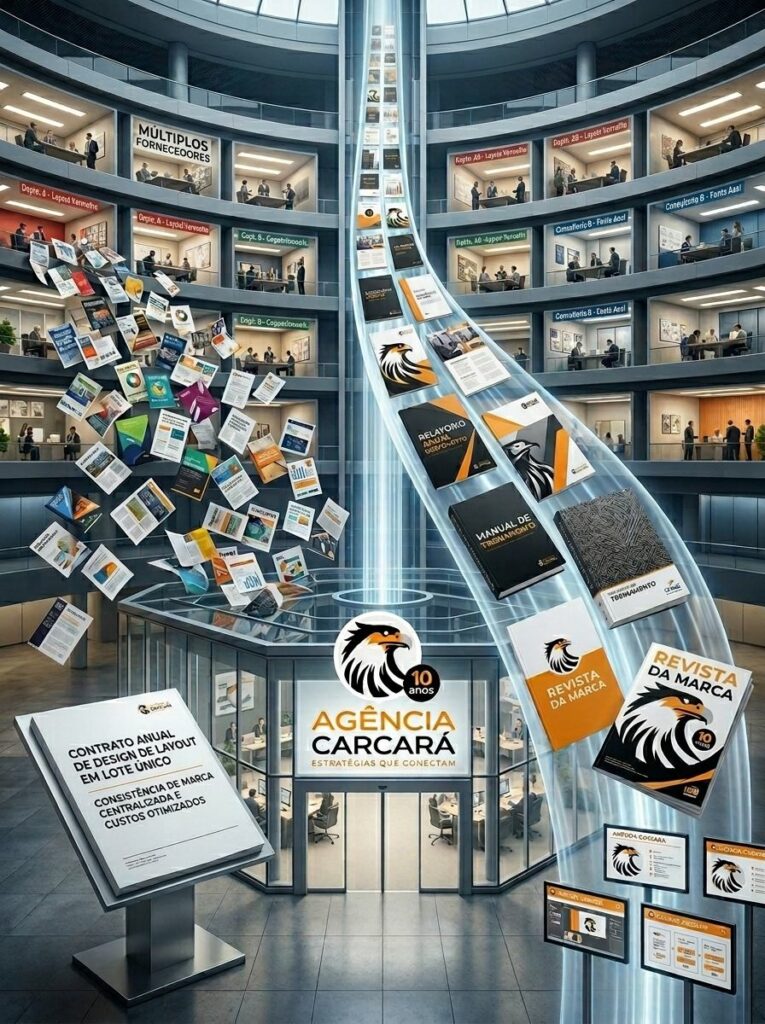 Como contratar uma agência, como a Agência Carcará, para diagramação e projeto gráfico anual. Sua organização é um gigante. Um ecossistema pulsante com dezenas de gerências, assessorias e departamentos. E cada um deles produz: relatórios, cartilhas, revistas, manuais, apresentações. O volume é imenso, os prazos são sobrepostos e a urgência é constante. O resultado? Um pesadelo de gestão e, pior, uma colcha de retalhos visual. Um relatório com uma cara, uma cartilha com outra, um catálogo com uma terceira. No final, a percepção que fica para o público, para os conselhos e para o mercado é de uma marca fragmentada, sem uma identidade unificada. Se essa dor é real para você, saiba que ela tem nome: falta de um parceiro estratégico centralizado. Contratar múltiplos fornecedores para projetos gráficos isolados não é apenas ineficiente; é um atentado contra a consistência da sua marca. Este guia definitivo, construído com base na nossa experiência com clientes de alta complexidade como o SENAC Departamento Nacional, irá mostrar por que um contrato anual de diagramação é a solução mais inteligente e como fazer a contratação correta. Para contratar uma agência para um projeto gráfico e diagramação anual, o modelo mais estratégico é um contrato por lote único. Ele centraliza a produção, garante consistência de marca, oferece agilidade para demandas urgentes e otimiza custos. A escolha da agência deve se basear em sua capacidade técnica comprovada, portfólio de projetos complexos e um modelo de trabalho flexível, como o adotado por grandes instituições como o SENAC.