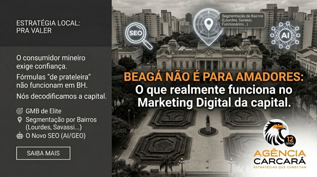 Marketing digital em Belo Horizonte o que realmente funciona. Belo Horizonte é uma cidade única. Como capital do segundo estado mais populoso do Brasil e sede de um dos polos tecnológicos mais vibrantes da América Latina (o San Pedro Valley), a "Beagá" exige uma abordagem de marketing que respeite suas contradições: a desconfiança típica do mineiro e a sede por inovação tecnológica. Se você é empresário na capital mineira, já deve ter percebido que o marketing digital "enlatado" de São Paulo ou as estratégias genéricas da internet não costumam atravessar a Serra do Curral com sucesso. Em 2026, marketing digital em Belo Horizonte só funciona se houver uma combinação precisa de inteligência local, autoridade técnica e o novo SEO (AEO/GEO). Na Agência Carcará, com mais de uma década de estrada, decodificamos o que realmente move o ponteiro do lucro na capital.