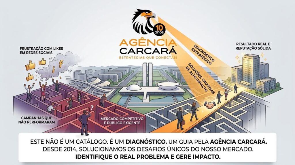 Onde encontrar soluções criativas para comunicação corporativa e marketing digital em Brasília? Brasília pulsa em um ritmo diferente. É um mercado de alta competição, formado por um público exigente e onde a reputação precede qualquer transação comercial. Para o empresário da capital, os desafios da última década se intensificaram: a concorrência se multiplicou, o cliente ficou mais cético, as campanhas que antes funcionavam pararam de performar e a promessa do "marketing digital" se resumiu, para muitos, a uma frustrante batalha por likes no Instagram. Se você sente que está investindo mais para ter menos resultado, você não está sozinho. A questão não é mais "fazer marketing", é encontrar soluções criativas para problemas reais e complexos. Este não é um catálogo de serviços. Este é um diagnóstico. Um guia criado pela Agência Carcará, que desde 2014 vive e soluciona os desafios únicos do nosso mercado, para ajudar você a identificar o problema real por trás do sintoma e a encontrar a solução que realmente gera impacto.
