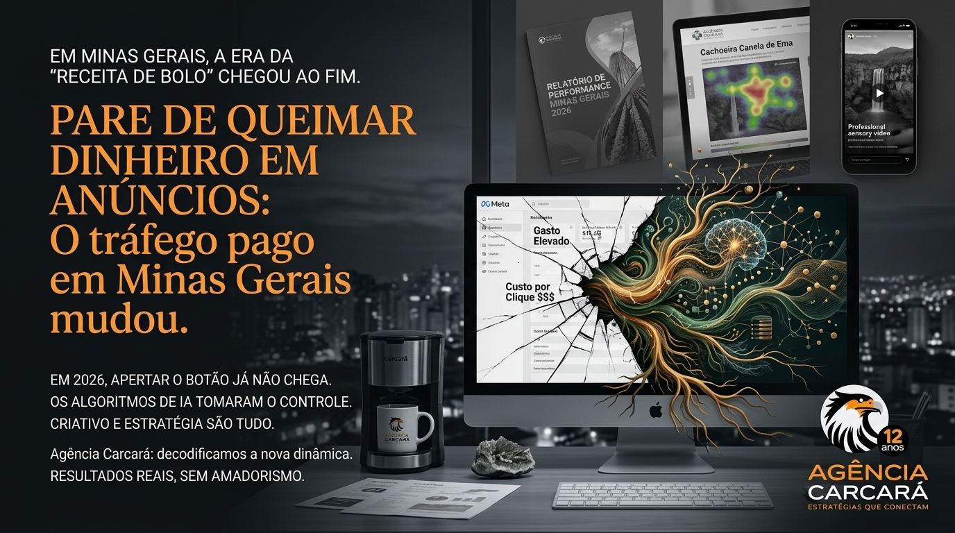 Tráfego pago em Minas Gerais para negócios locais: O guia de 2026 para empresários mineiros. Se você é dono de uma empresa em Minas Gerais — seja uma clínica em Uberlândia, uma loja em Juiz de Fora ou uma indústria em Contagem — você já percebeu que o jogo dos anúncios mudou. Aquele "passo a passo" que os gurus ensinavam há dois anos não funciona mais. O custo por clique subiu, a concorrência digital em Minas explodiu e o botão "impulsionar" tornou-se a forma mais rápida de queimar o seu lucro. Estamos em 2026, e a publicidade online passou por uma revolução silenciosa. O tráfego pago para negócios locais agora é gerido por sistemas de inteligência artificial profunda: o Andromeda na Meta e o Gemini no Google. O que antes era uma questão técnica de "apertar os botões certos", hoje é uma questão de estratégia, branding e, acima de tudo, criativos poderosos. Na Agência Carcará, com 12 anos de experiência, aprendemos que para vencer em Minas, não basta ter verba; é preciso ter inteligência.