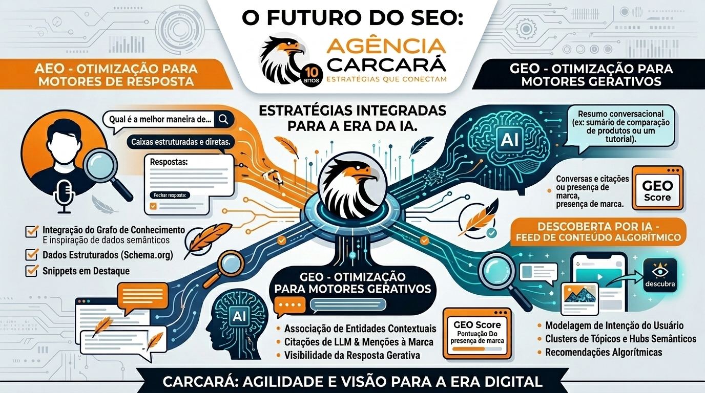 Você, empresário, diretor de marketing ou gestor de tecnologia, provavelmente notou algo estranho e incômodo nos últimos meses. Ao abrir o painel do seu Google Search Console ou do Semrush, as notícias parecem boas: suas classificações e posições médias continuam estáveis, suas principais palavras-chave ainda flutuam na primeira página e a saúde técnica do seu domínio parece sob controle. No entanto, ao olhar para a sua ferramenta de análise de tráfego, a realidade é outra. O tráfego de acessos orgânicos do seu site está caindo. Essa desconexão brutal entre "boas posições" e "queda de visitas" não é uma falha temporária do algoritmo ou uma instabilidade passageira. É o reflexo de uma mudança tectônica no comportamento do consumidor e na própria infraestrutura da internet. A descoberta de conteúdo mudou. Hoje, as pessoas estão realizando pesquisas complexas diretamente no ChatGPT, Google AI Overviews, Perplexity, Gemini, Reddit e TikTok sem nunca precisar clicar em um link azul. Elas buscam respostas sintetizadas, análises consolidadas e recomendações diretas. A busca orgânica não se resume mais a classificar páginas em um índice de links. Ela se transformou em uma disputa feroz por visibilidade e citação dentro das respostas geradas por Inteligência Artificial. Se a sua equipe ainda mede o sucesso do marketing digital por meio de rankings tradicionais e cliques brutos, o seu negócio está caminhando rapidamente para a invisibilidade. Na Agência Carcará, desde 2014, nós construímos marcas e posicionamos empresas no ambiente digital. Atendemos centenas de marcas de todos os portes em Brasília, no Brasil e no mundo. Vimos a transição do mobile, a consolidação das redes sociais e, agora, lideramos a transição para a busca agêntica e conversacional. Este artigo é o nosso manifesto técnico: o guia definitivo para entender o novo ecossistema e garantir que a sua marca continue sendo a resposta escolhida, tanto por humanos quanto por máquinas.