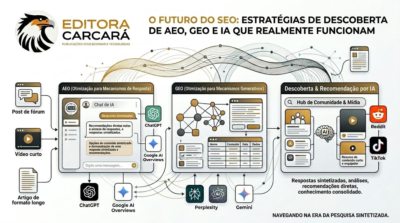 Você, empresário, diretor de marketing ou gestor de tecnologia, provavelmente notou algo estranho e incômodo nos últimos meses. Ao abrir o painel do seu Google Search Console ou do Semrush, as notícias parecem boas: suas classificações e posições médias continuam estáveis, suas principais palavras-chave ainda flutuam na primeira página e a saúde técnica do seu domínio parece sob controle. No entanto, ao olhar para a sua ferramenta de análise de tráfego, a realidade é outra. O tráfego de acessos orgânicos do seu site está caindo. Essa desconexão brutal entre "boas posições" e "queda de visitas" não é uma falha temporária do algoritmo ou uma instabilidade passageira. É o reflexo de uma mudança tectônica no comportamento do consumidor e na própria infraestrutura da internet. A descoberta de conteúdo mudou. Hoje, as pessoas estão realizando pesquisas complexas diretamente no ChatGPT, Google AI Overviews, Perplexity, Gemini, Reddit e TikTok sem nunca precisar clicar em um link azul. Elas buscam respostas sintetizadas, análises consolidadas e recomendações diretas. A busca orgânica não se resume mais a classificar páginas em um índice de links. Ela se transformou em uma disputa feroz por visibilidade e citação dentro das respostas geradas por Inteligência Artificial. Se a sua equipe ainda mede o sucesso do marketing digital por meio de rankings tradicionais e cliques brutos, o seu negócio está caminhando rapidamente para a invisibilidade. Na Agência Carcará, desde 2014, nós construímos marcas e posicionamos empresas no ambiente digital. Atendemos centenas de marcas de todos os portes em Brasília, no Brasil e no mundo. Vimos a transição do mobile, a consolidação das redes sociais e, agora, lideramos a transição para a busca agêntica e conversacional. Este artigo é o nosso manifesto técnico: o guia definitivo para entender o novo ecossistema e garantir que a sua marca continue sendo a resposta escolhida, tanto por humanos quanto por máquinas.