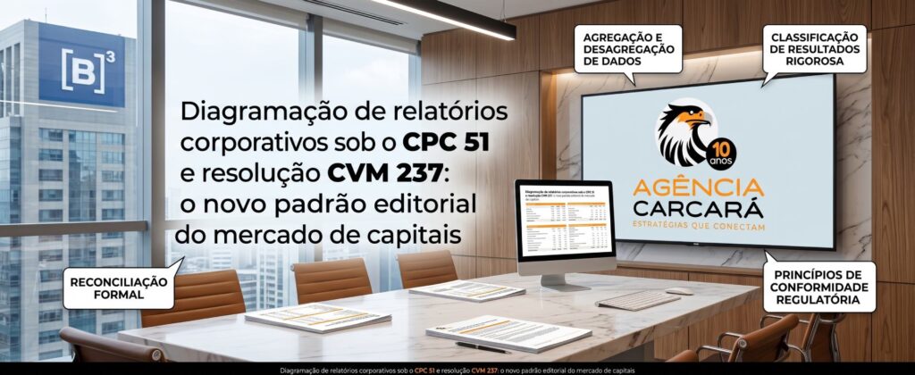 Diagramação de relatórios corporativos sob o cpc 51 e resolução cvm 237: o novo padrão editorial do mercado de capitais A governança corporativa no mercado de capitais brasileiro opera sob um cronograma de transição contábil e editorial sem precedentes. Durante anos, a elaboração e a diagramação de Relatórios da Administração, Relatórios Anuais e peças de prestação de contas de Sociedades Anônimas (S/A) apoiaram-se em uma zona de conforto visual e regulatória. O relatório anual costumava ser concebido quase como uma revista institucional de fim de ano: uma apresentação estética agradável, desenvolvida nos momentos finais do fechamento do exercício social, na qual as demonstrações financeiras eram agrupadas em blocos padronizados e os indicadores gerenciais eram distribuídos livremente pelas páginas para ilustrar a narrativa dos administradores. Esse modelo fragmentado e cosmético encerrou o seu ciclo de vida. A convergência internacional da contabilidade corporativa alcançou o coração da apresentação das demonstrações com a promulgação do Pronunciamento Técnico CPC 51 (Apresentação e Divulgação nas Demonstrações Contábeis), correspondente à norma global IFRS 18 emitida pelo International Accounting Standards Board (IASB). Oficializado e tornado obrigatório para as companhias abertas brasileiras pela Resolução CVM nº 237, com vigência compulsória para os exercícios sociais iniciados a partir de 1º de janeiro de 2027, o CPC 51 substitui de forma definitiva o histórico CPC 26 (R1). O que muitos conselhos de administração, comitês de auditoria e diretorias de relações com investidores (DRI) ainda não assimilaram é que o CPC 51 não é uma mera atualização interna de plano de contas para contadores. Trata-se de uma revolução na arquitetura da informação corporativa. A norma impõe novas categorias de classificação de resultados, exige a reconciliação formal de indicadores da administração e estabelece princípios rigorosos de agregação e desagregação de dados. Aqui quem fala é Alexandre Augusto, Diretor de Estratégia da Agência Carcará. O meu DNA profissional é essencialmente híbrido: opero unindo a lógica matemática, estrutural e analítica da Análise de Sistemas à psicologia de conexão, governança e reputação da Comunicação Social. Neste manifesto técnico, vamos desmistificar por que o design editorial de relatórios corporativos tornou-se uma disciplina de conformidade regulatória. Você compreenderá como o vácuo de conhecimento das agências de design tradicionais coloca a sua companhia em risco perante a CVM e como a engenharia editorial da Carcará consolida um sistema visual de informação preparado para investidores humanos e para os agentes de Inteligência Artificial que hoje auditam o mercado financeiro.